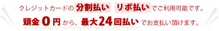 クレジットカードの分割払い リボ払いでご利用可能です。頭金0円から、最大24回払いでお支払い頂けます。